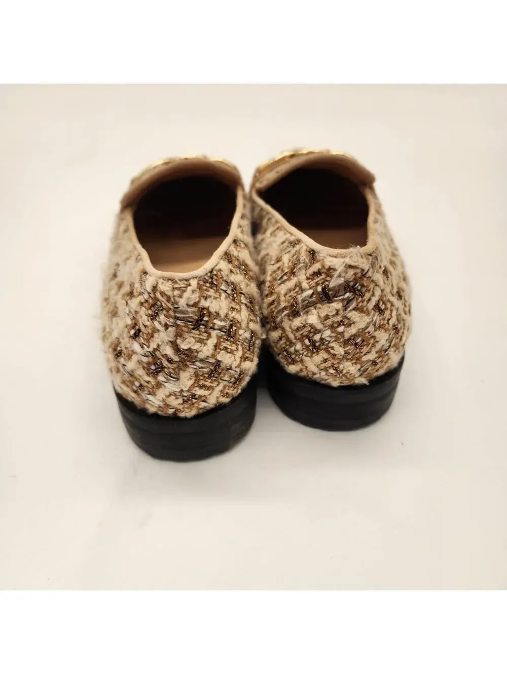 Talbots Leighton Boucle Metallic Chain Loafers Tan Gold Tweed Shoes 9.5